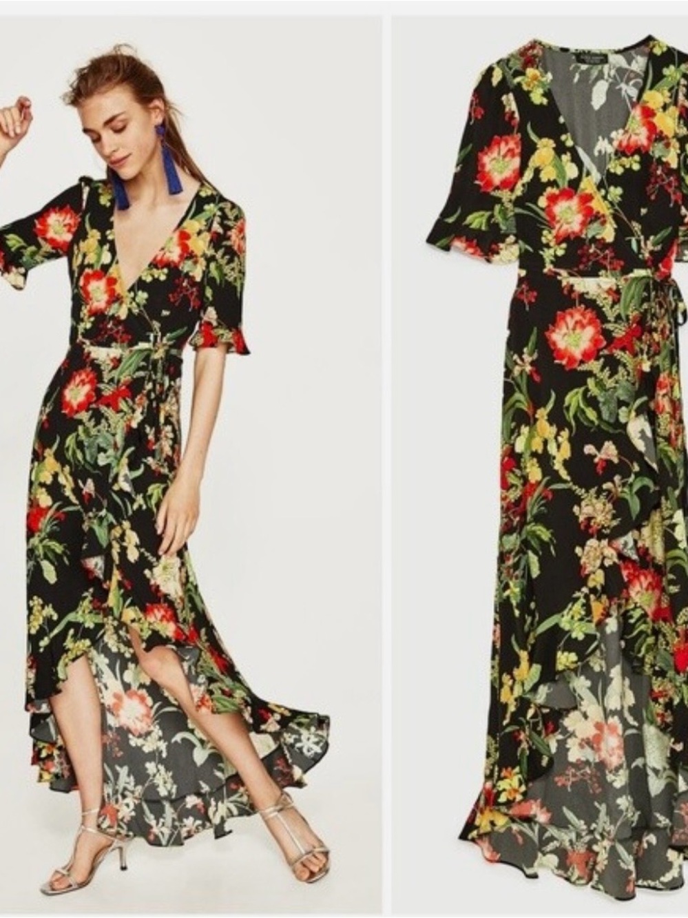 ZARA Floral Wrap Maxi Dress | Size Small | Black Botanical Print | Ruffle Hem